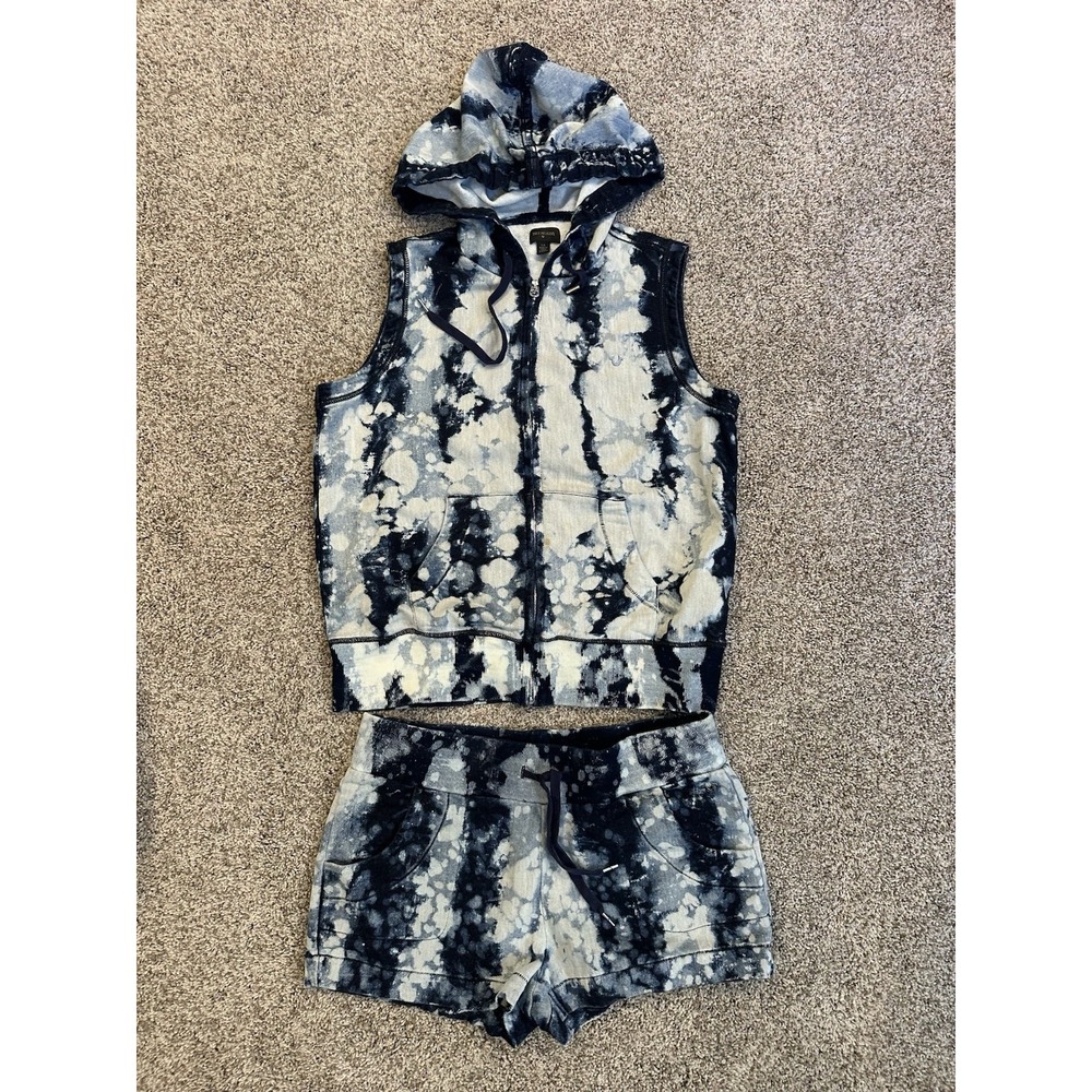 True Religion Womens L Tie Dye Hoodie Vest & Shorts 2 Piece Matching Set
